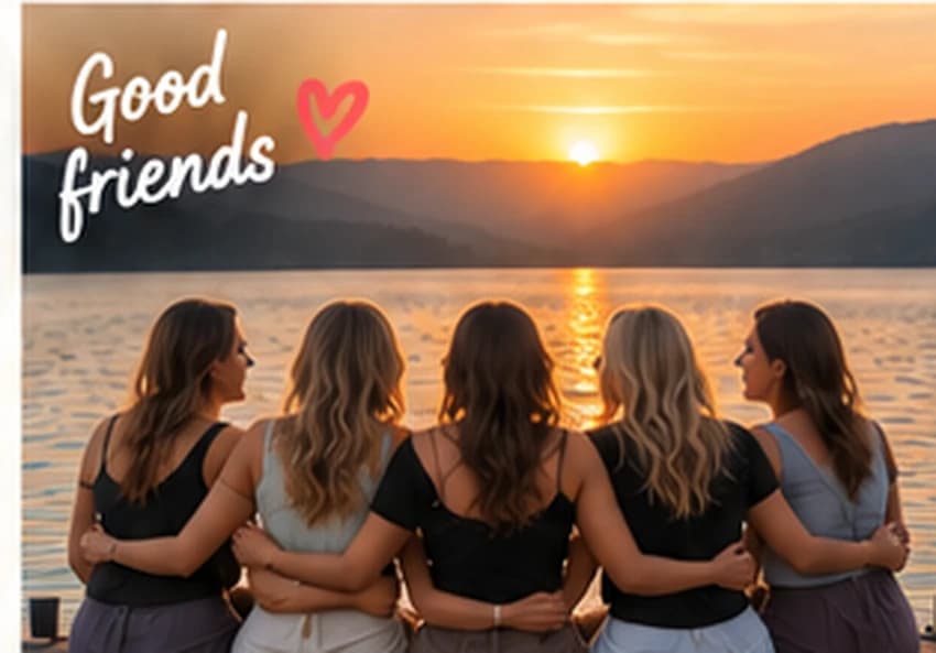 Five friends sitting together at sunset beside a lake