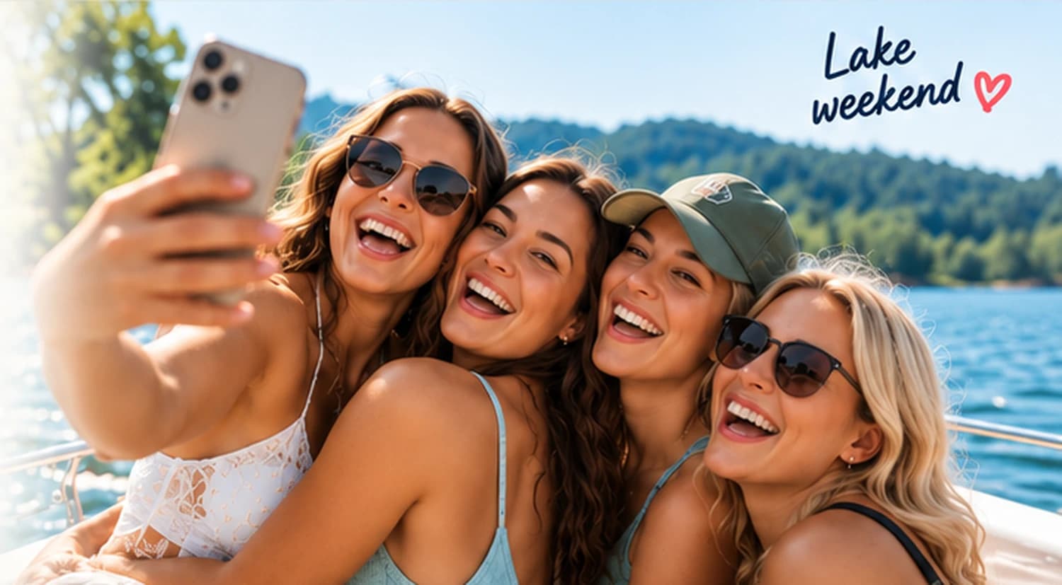 Four friends smiling for a selfie on a lake weekend